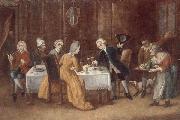 An elegant interior with a lady and gentleman toasting,other figures drinking and smoking at the table, unknow artist